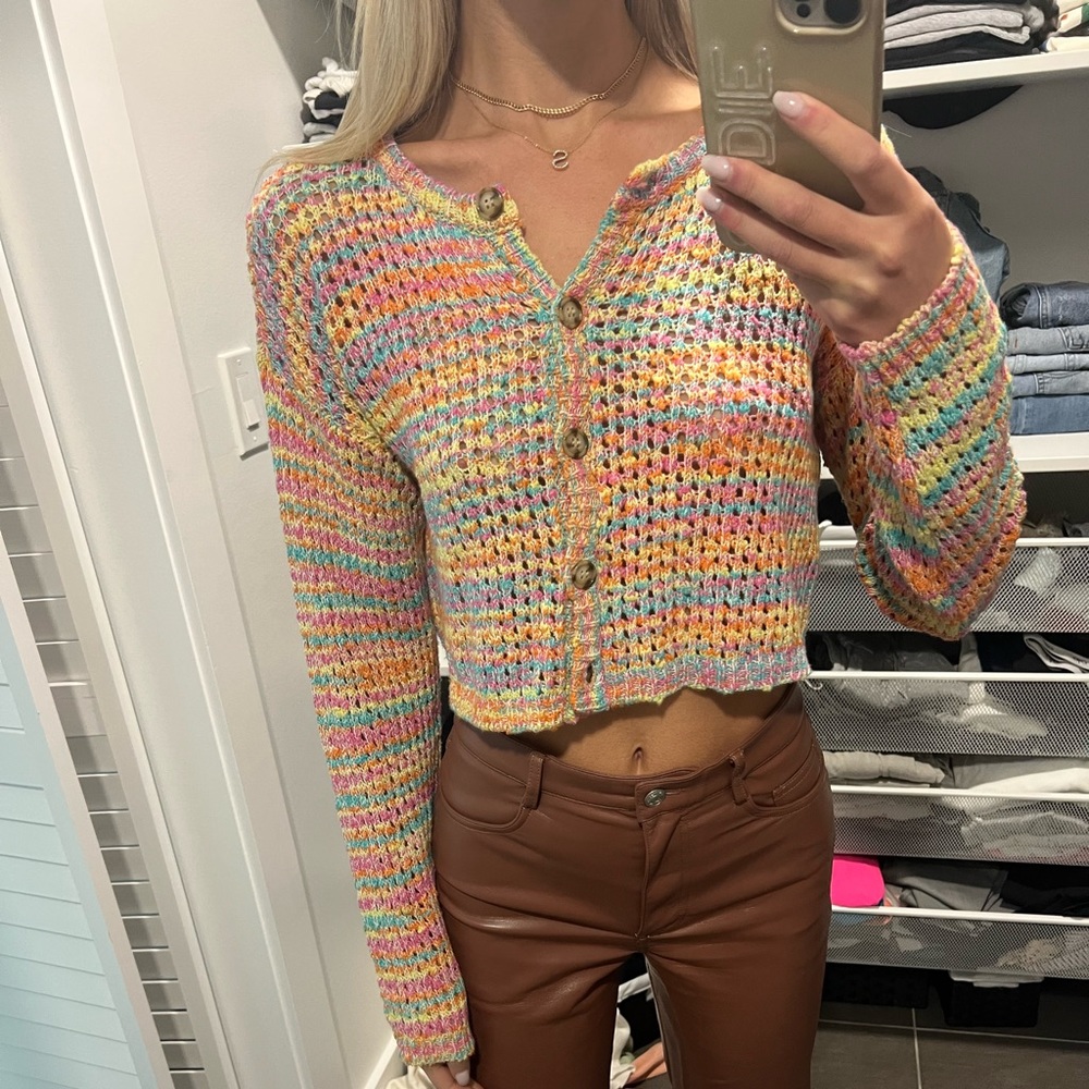 Something Navy - Multicolored Knit Cardigan Cropped